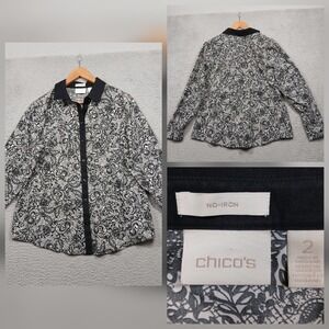Chico's No Iron Button Front Shirt Women's 2 Black White Paisley Print